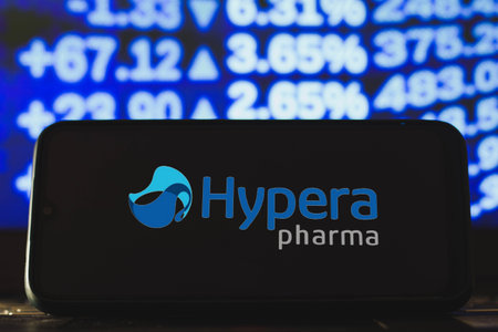 April 27, 2021, Brazil. In this photo illustration the Hypera Pharma seen displayed on a smartphone screenのeditorial素材