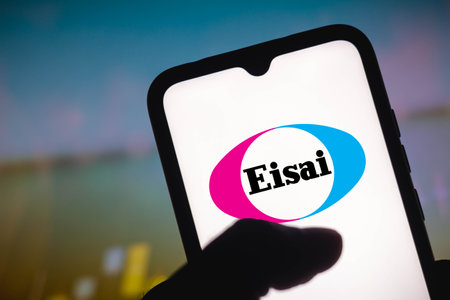 April 18, 2021, Brazil. In this photo illustration the Eisai seen displayed on a smartphone screenのeditorial素材