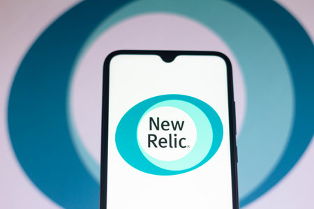 August 9, 2021, Brazil. In this photo the New Relic displayed on a smartphoneのeditorial素材