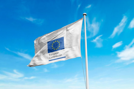 November 1, 2021, Brazil. In this photo illustration the European Commission (EC) soon appears on a flagのeditorial素材