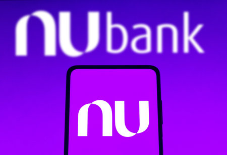 November 11, 2021, Brazil. In this photo illustration the Nubank logo is displayed on a smartphone screenのeditorial素材