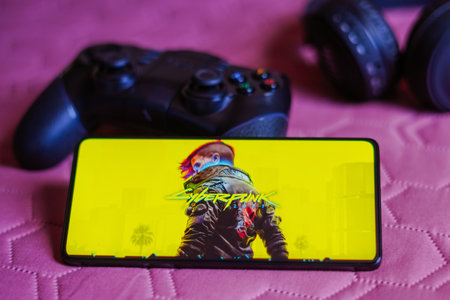October 9, 2023, Brazil. In this photo illustration, the Cyberpunk 2077 logo is displayed on a...