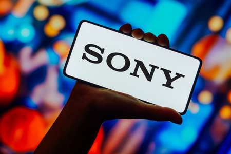 October 23, 2023, Brazil. In this photo illustration, the Sony logo is displayed on a smartphone screenのeditorial素材