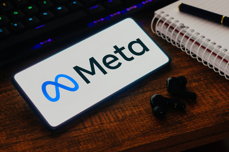 October 23, 2023, Brazil. In this photo illustration, the Meta Platforms logo is displayed on a smartphone screenのeditorial素材