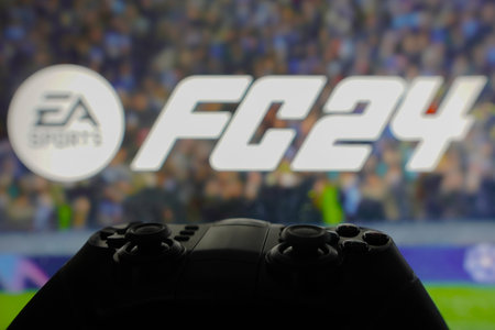 November 1, 2023, Brazil. In this photo illustration, the EA Sports FC 24 logo game is displayed on a computer screen, next to a gamepadのeditorial素材