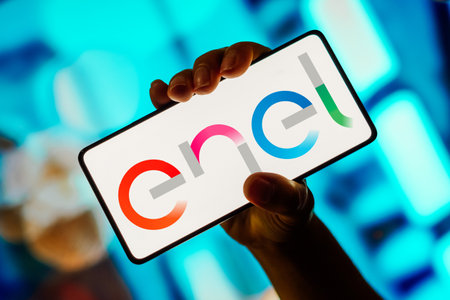 November 8, 2023, Brazil. In this photo illustration, the Enel logo is displayed on a smartphone screenのeditorial素材
