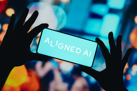 November 22, 2023, Brazil. In this photo illustration, the Aligned AI logo is displayed on a smartphone screenのeditorial素材
