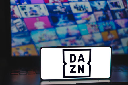 December 16, 2023, Brazil. In this photo illustration, the DAZN logo is displayed on a smartphone screenのeditorial素材