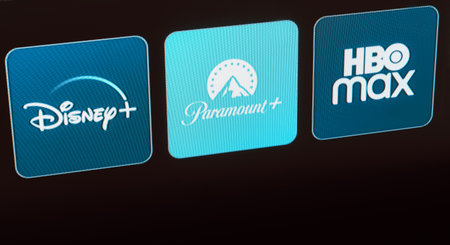 January 8, 2024, Brazil. In this photo illustration the Disney Plus, Paramount Plus and HBO Max logo is displayed on a TV screen.のeditorial素材