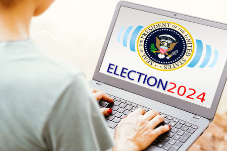 January 22, 2024, Brazil. In this photo illustration, a person researches the election in the United States on the internet. The 2024 United States presidential election will be the 60th quadrennial presidential election, scheduled for Tuesday, November 5のeditorial素材