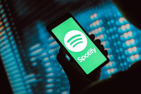 February 12, 2024, Brazil. In this photo illustration, the Spotify Technology logo is displayed on a...