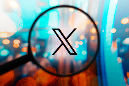 April 8, 2024, Brazil. In this photo illustration, the X (Twitter) logo seen displayed on a computer screen through a magnifying glassのeditorial素材