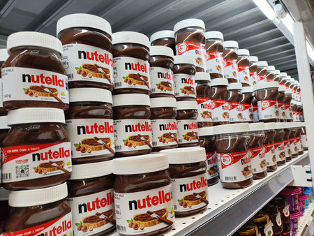 May 1, 2024, Brazil. Nutella chocolate is seen for sale on the shelf of a supermarket in Brazilのeditorial素材