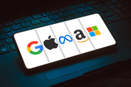 May 3, 2024, Brazil. In this photo illustration, the Google, Apple, Meta, Amazon and Microsoft logos...