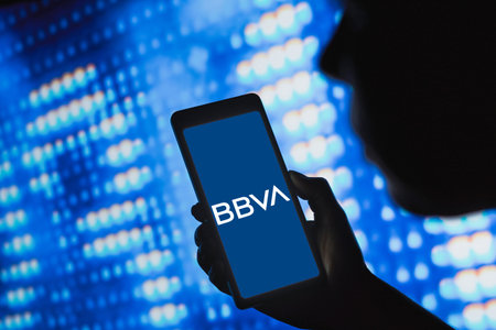 May 9, 2024, Brazil. In this photo illustration, the Banco Bilbao Vizcaya Argentaria (BBVA) logo is displayed on a smartphone screenのeditorial素材