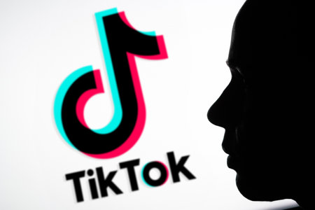 May 15, 2024, Brazil. In this photo illustration, a silhouette of a person is seen and the TikTok logo is seen in the backgroundのeditorial素材