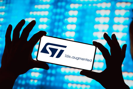 May 25, 2024, Brazil. In this photo illustration, the STMicroelectronics logo is displayed on a smartphone screenのeditorial素材