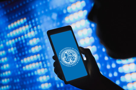 May 25, 2024, Brazil. In this photo illustration, the International Court of Justice (ICJ) logo is displayed on a smartphone screenのeditorial素材