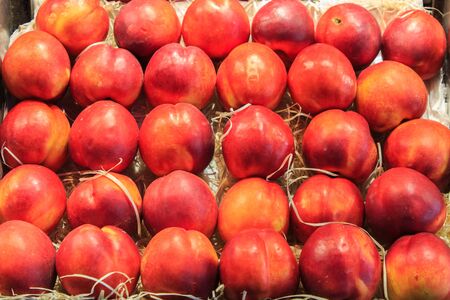 Group of fresh nectarines ordered in a box put up for sale in the Boqueria market. Food concept