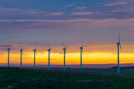 Wind Turbines in field against sunset sky, Spain