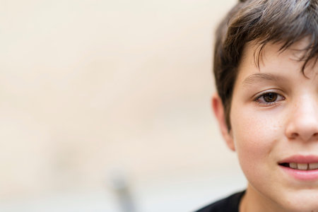 Smiling adolescent boy outside with copy spaceの写真素材