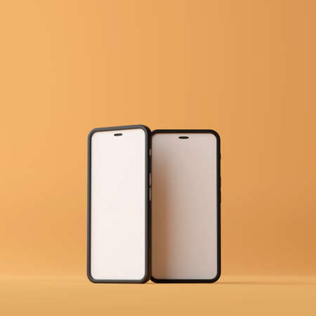 Two smart phone with blank screen on brown background. 3d renderingの写真素材