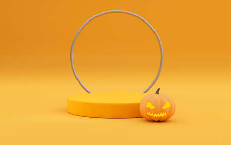 3D pedestal podium on orange background. Pumpkin with frame rim. Halloween Jack o lantern display showcase, product promotion. Abstract spooky 3D renderの写真素材