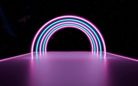 3d illustration, abstract cosmic neon background glowing laser arcs on platform