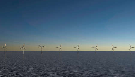 Shot of row of floating wind turbines. Alternative energy. Windpower. Green-energy. 3d illustrationの写真素材