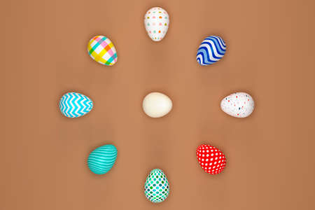 Colored Easter eggs surrounding white egg on green background. 3d rendering