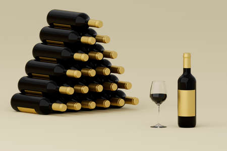 Red Wine, liquor bottle and glass, wineglass. 3D render, isolated on white background.の写真素材