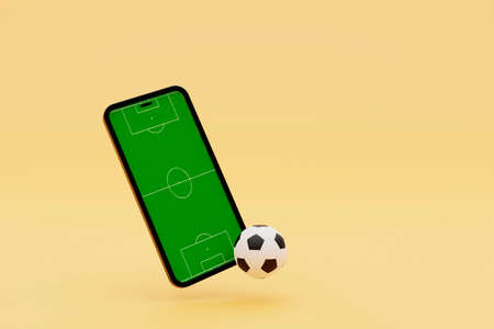 Mobile football soccer. Online sport bet play match. Online soccer game with live mobile app. Football field on the smartphone screen and ball. Online ticket sales, sport betting concept. 3d illustrationの写真素材