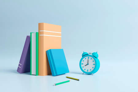 Online education, E-learning concept. stack of books, bookshelf. 3d illustrationの写真素材