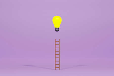 Mock up of yellow ladder with light bulb on pink background, knowledge concept,minimal style, 3D illustration.の写真素材