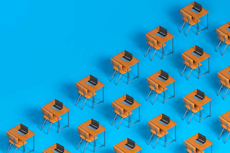 large pattern of School desks, books and laptops. 3d renderingの写真素材