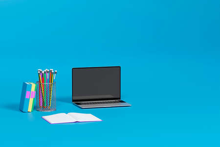 school supplies with laptop and alarm clock floating in the air. concept of education, stress, study and learning. 3d illustrationの写真素材