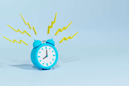 Blue vintage ringing alarm clock on bright blue background. Modern design, 3d illustration.の写真素材