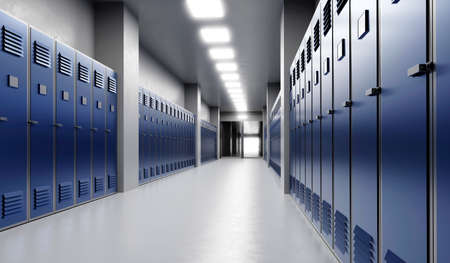 Long school corridor with blue lockers , 3d renderの写真素材
