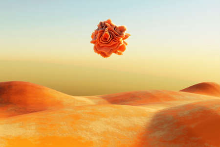 Surreal desert landscape with white bright form floating over desert. Modern minimal abstract background. 3d illustrationの写真素材