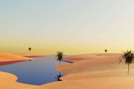Oasis at sunset in a sandy desert, a panorama of the desert with palm trees and lake, 3d illustrationの写真素材