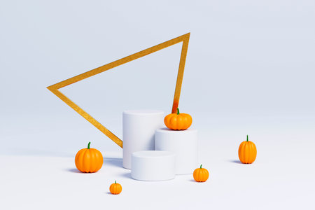 3D Halloween background pedestal podium on white with triangle frame,pumpkin display with gold. Jack o lantern showcase, beauty cosmetic, product promotion. Abstract banner, spooky luxury 3D renderの写真素材