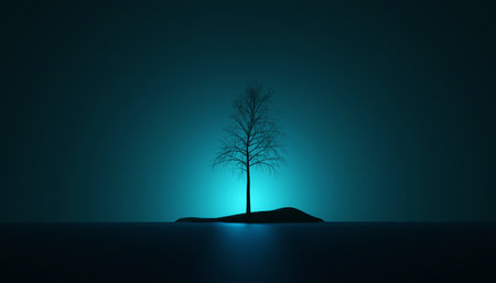 Surreal lonely tree on island on dark blue gradient background. 3d illustrationの写真素材