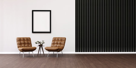 Modern room design with two brown leather armchair and a frame on the wall. 3d illustrationの写真素材