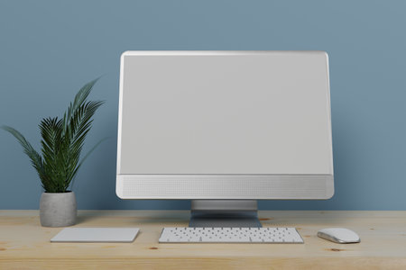 3d Computer monitor, wireless mouse, keyboard float on blue background.3d illustration