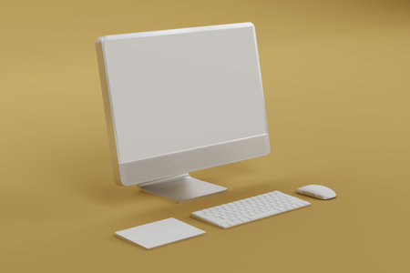 3d Computer monitor, wireless mouse, keyboard float on yellow background. Social media marketing online, e commerce, Website digital store, shop app concept. Desktop mockup blank white screen. 3d renderingの写真素材