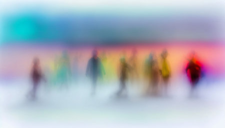 Abstract illustration of group of people blurred on colored smoke. AI generative.の素材