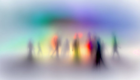 Abstract illustration of group of people blurred on colored smoke. AI generative.の素材