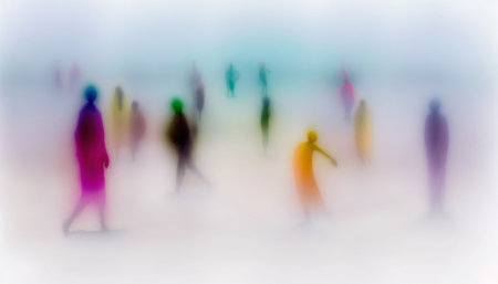 Abstract illustration of group of people blurred on colored smoke. AI generative.の素材