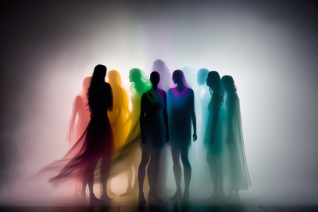 Abstract illustration of group of people blurred on colored smoke. AI generative.の素材