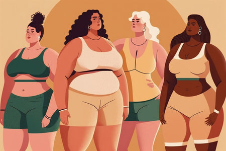 Illustration of curvy women dressed in sportswear.の素材